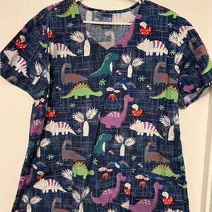 Navy Dino Print Medical Scrub Top - Colorful Dinosaurs